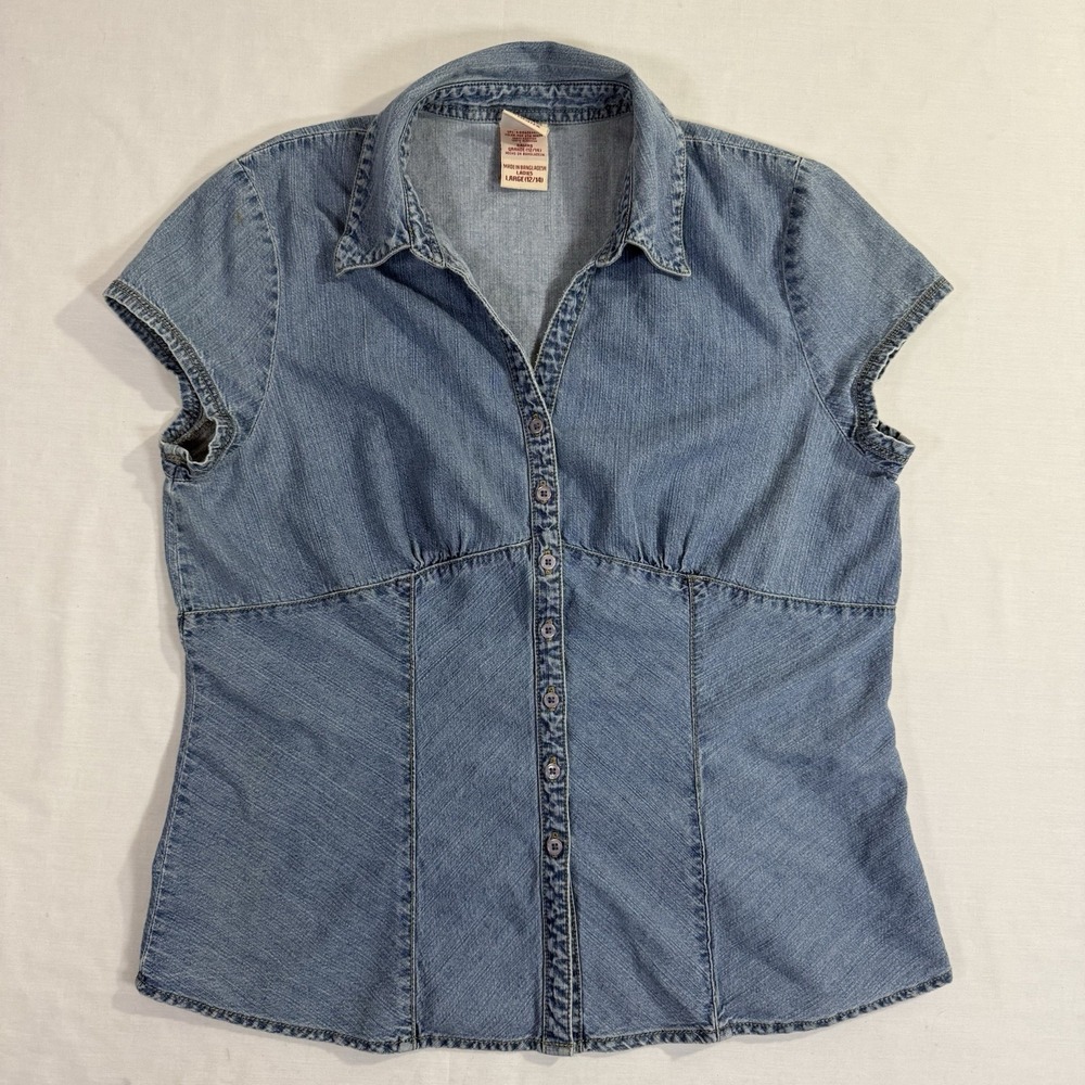 Y2K Women's Faded Glory Denim Button Up Shirt Size Large 100% Cotton